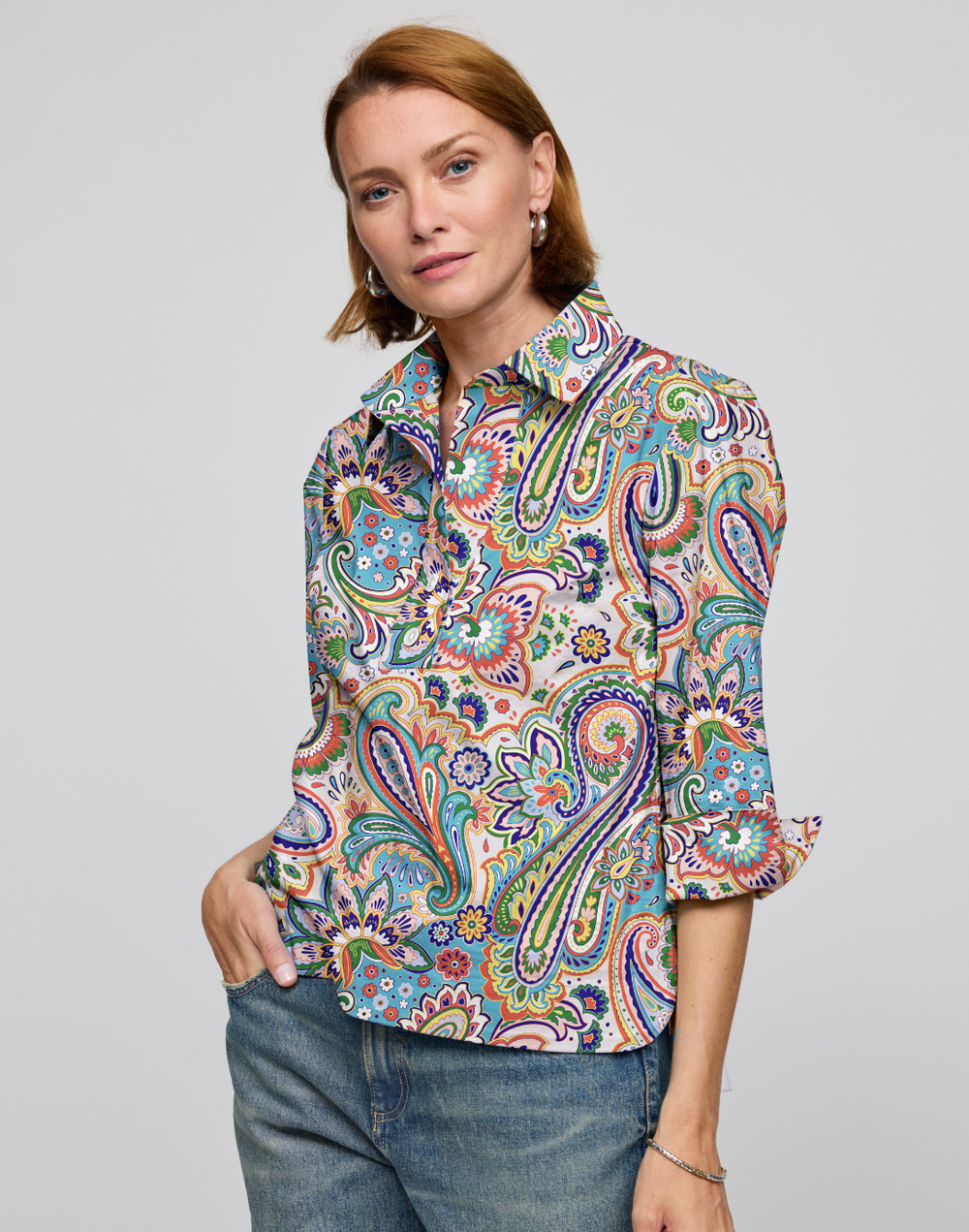 Aileen 3/4 Sleeve Multi Color Paisley Print Top