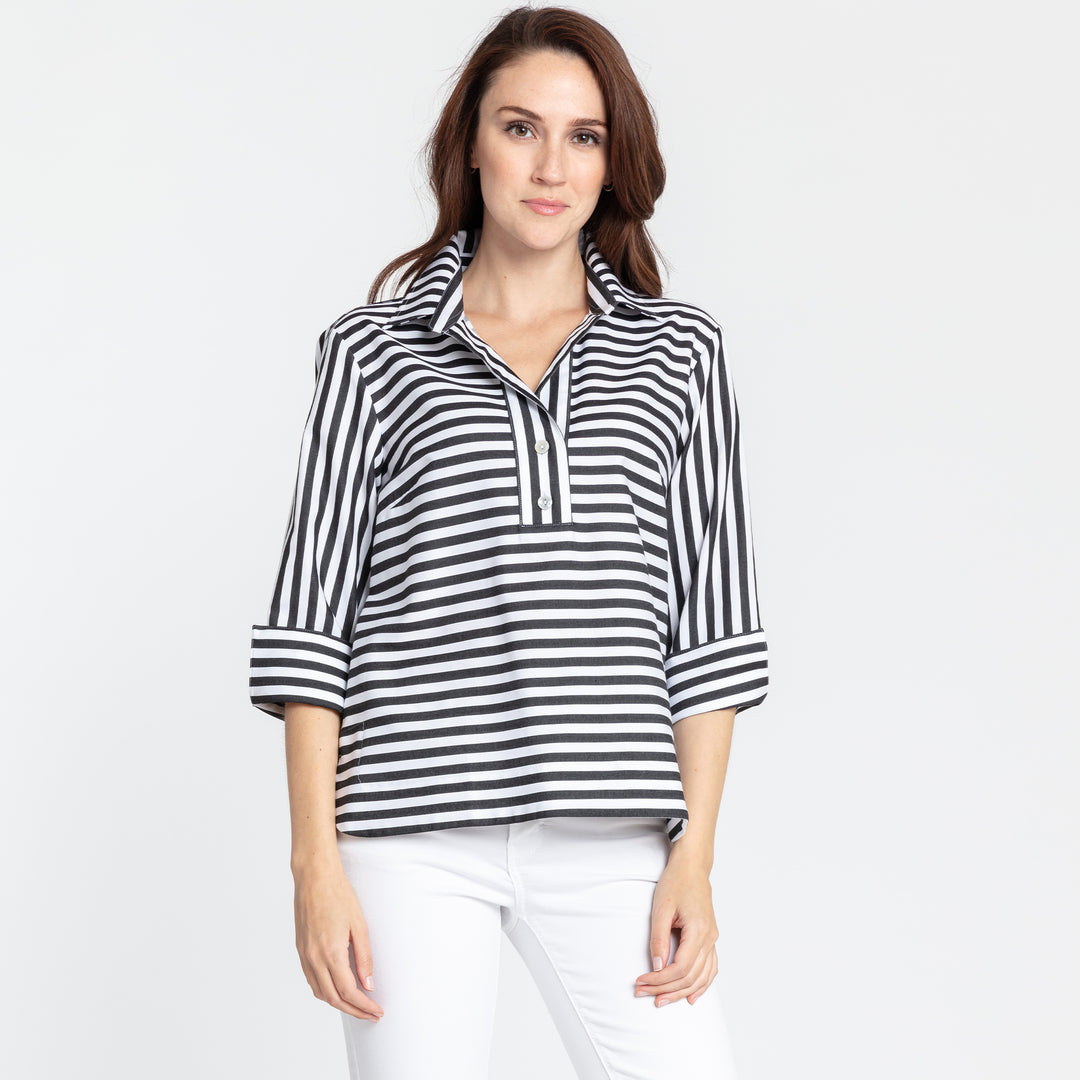 Aileen 3/4 Sleeve Stripe/Gingham White Combo Top