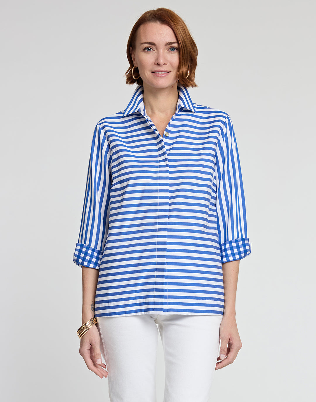 Xena 3/4 Sleeve Stripe/Gingham Combo Shirt