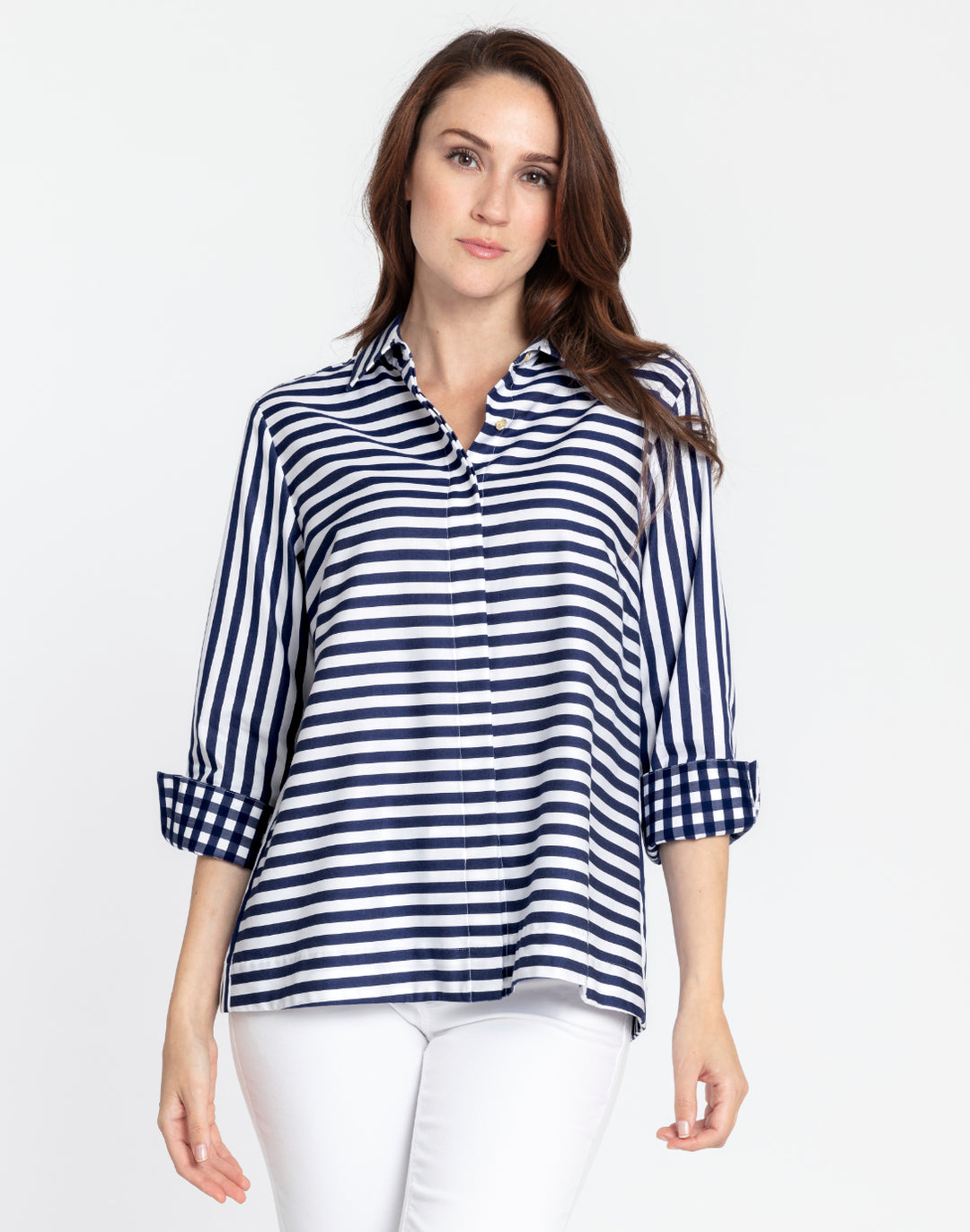 Xena 3/4 Sleeve Stripe/Gingham Combo Shirt