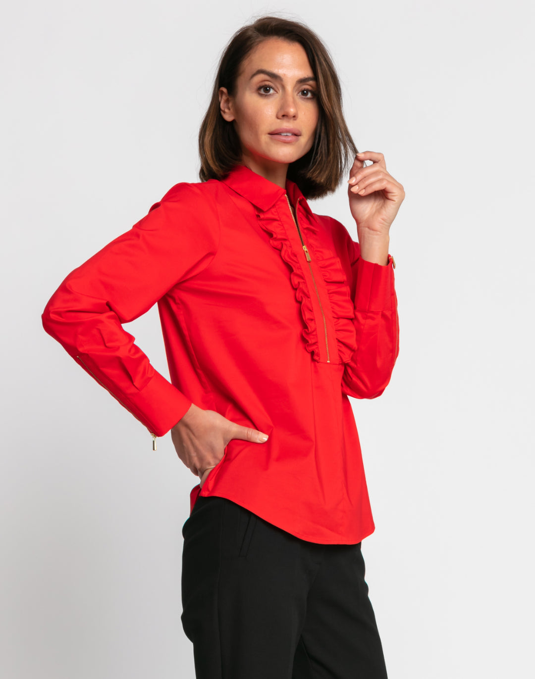 Madison Long Sleeve Ruffle Half Zip Top