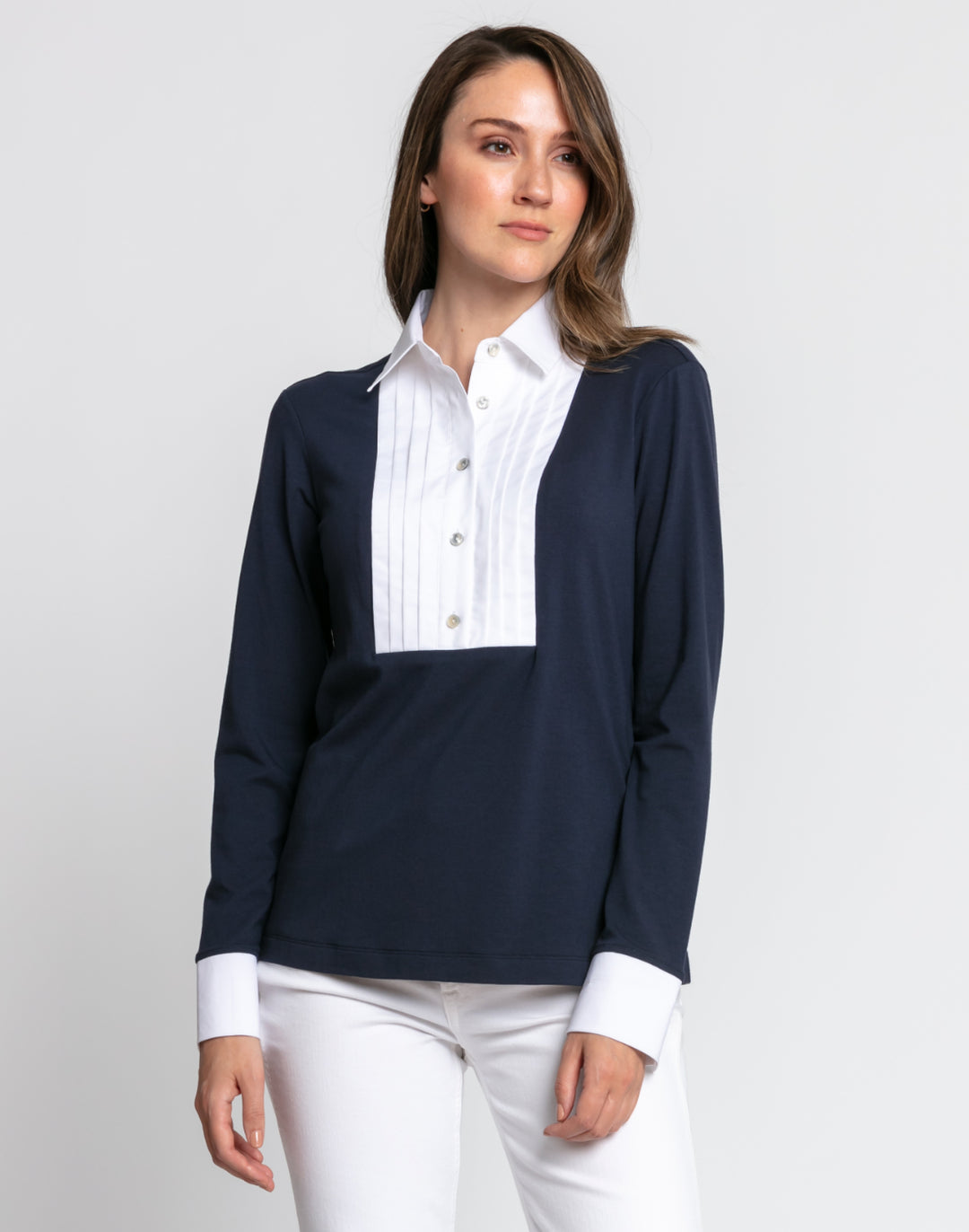 Dylon Long Sleeve Pleated Bib Woven/Knit Top