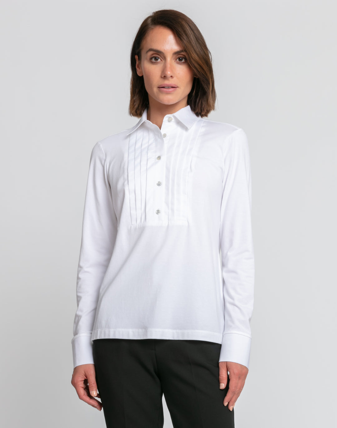 Dylon Long Sleeve Pleated Bib Woven/Knit Top