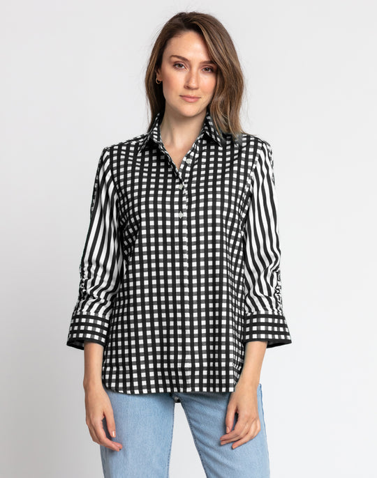 Zoey 3/4 Sleeve Gingham/Stripe Combo Shirt