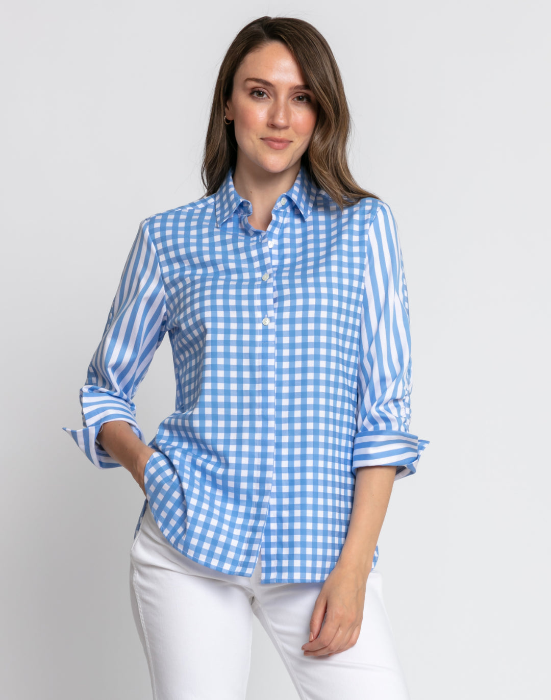 Zoey 3/4 Sleeve Gingham/Stripe Combo Shirt