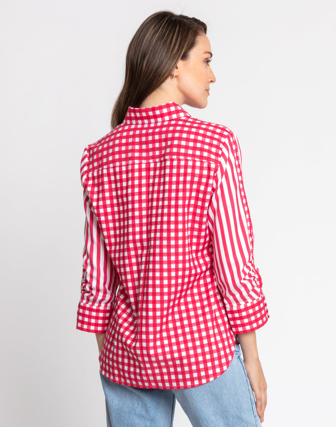 Zoey 3/4 Sleeve Gingham/Stripe Combo Shirt