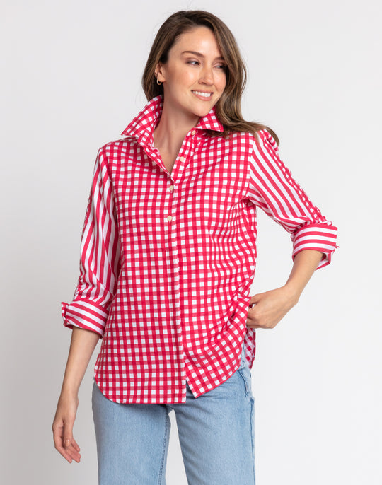 Zoey 3/4 Sleeve Gingham/Stripe Combo Shirt