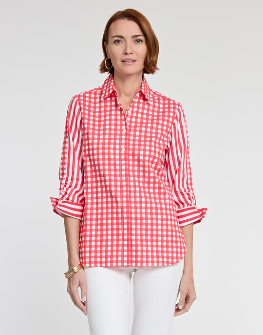 Zoey 3/4 Sleeve Gingham/Stripe Combo Shirt