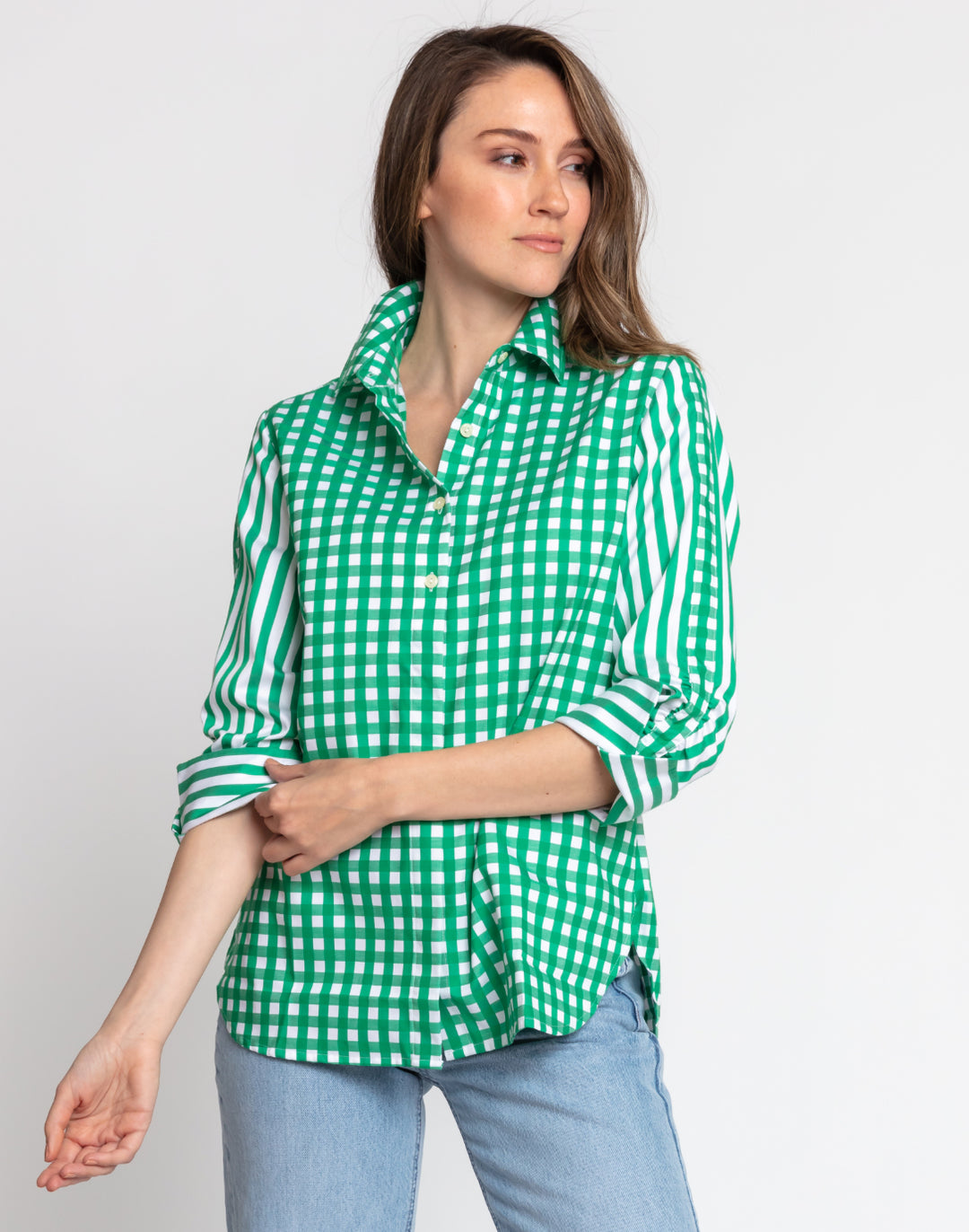 Zoey 3/4 Sleeve Gingham/Stripe Combo Shirt