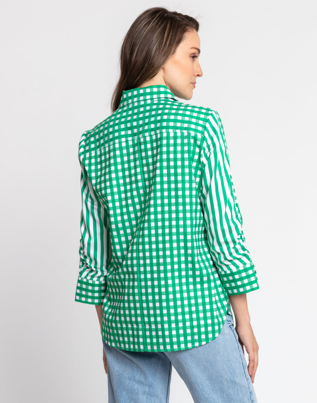 Zoey 3/4 Sleeve Gingham/Stripe Combo Shirt