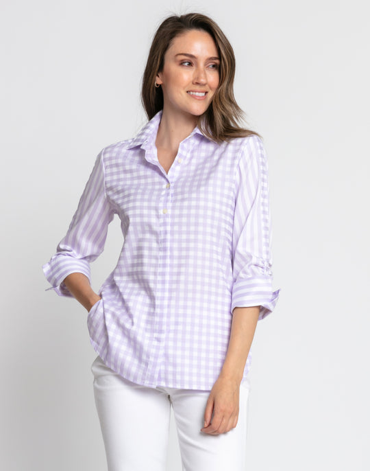 Zoey 3/4 Sleeve Gingham/Stripe Combo Shirt