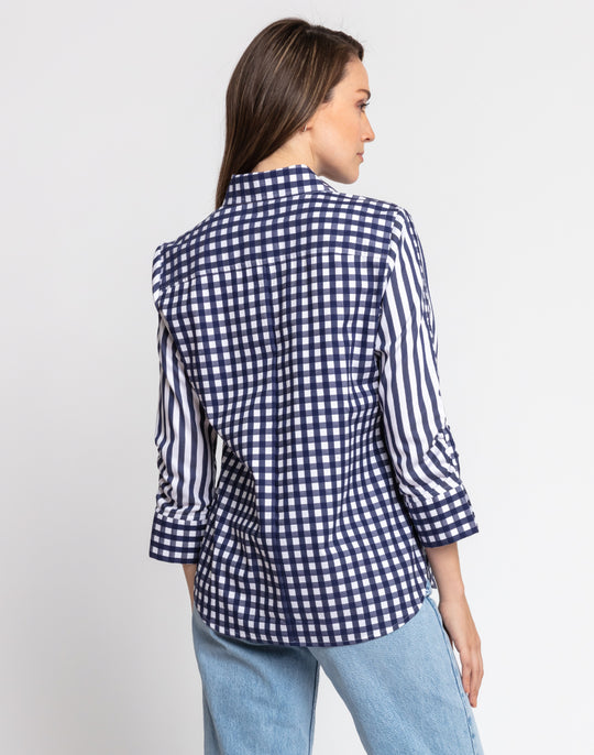 Zoey 3/4 Sleeve Gingham/Stripe Combo Shirt