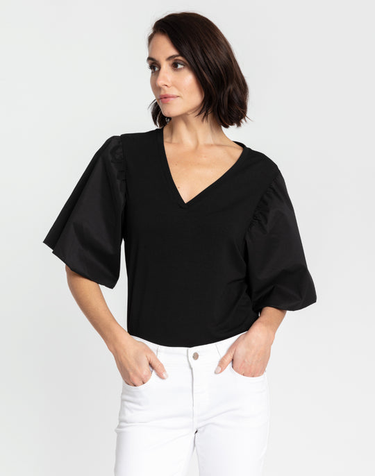 Kaitlyn Elbow Sleeve Woven/Knit Top