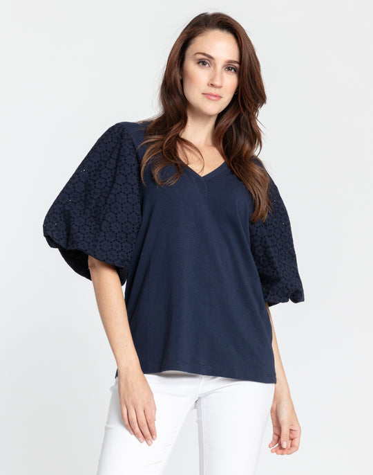 Kaitlyn Elbow Sleeve Woven/Knit Top