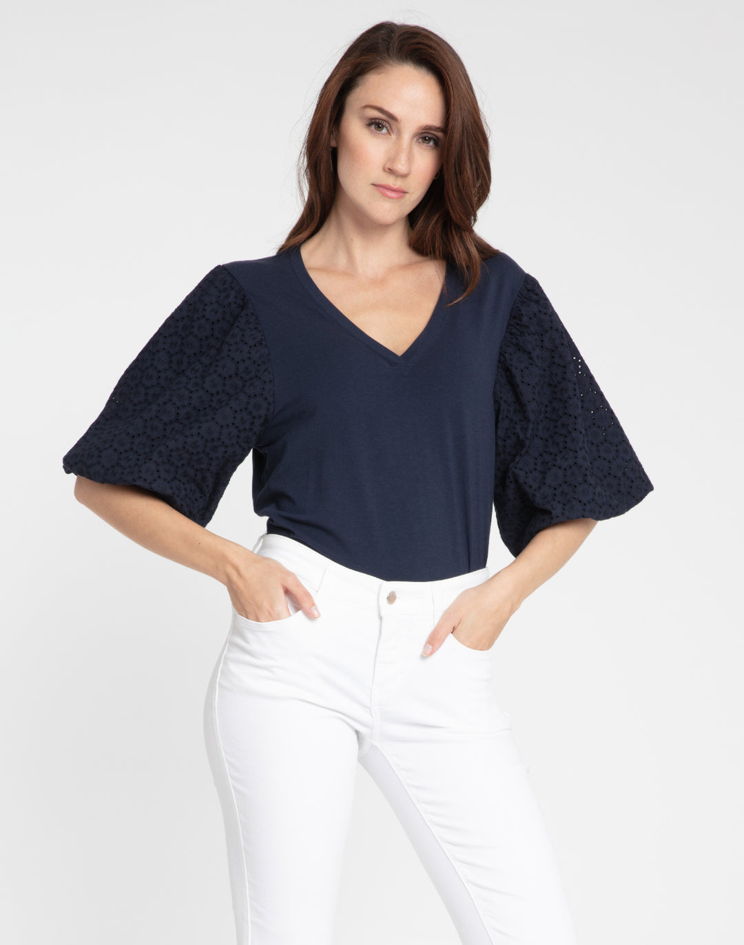 Kaitlyn Elbow Sleeve Woven/Knit Top