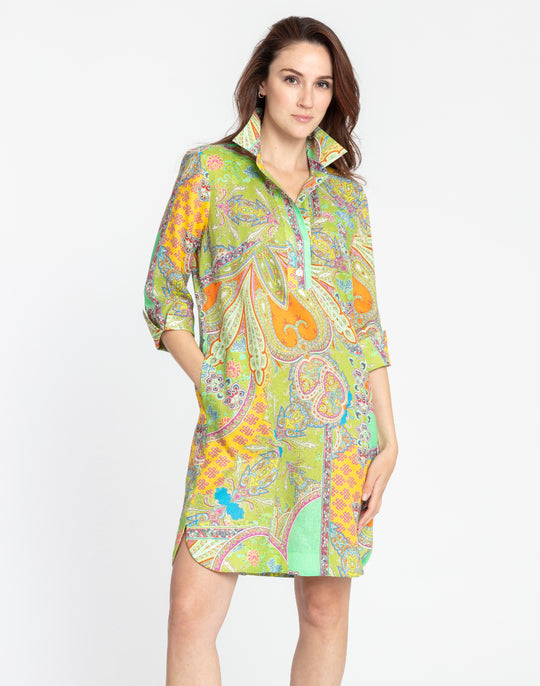 Aileen 3/4 Sleeve Linen Paisley Print Dress