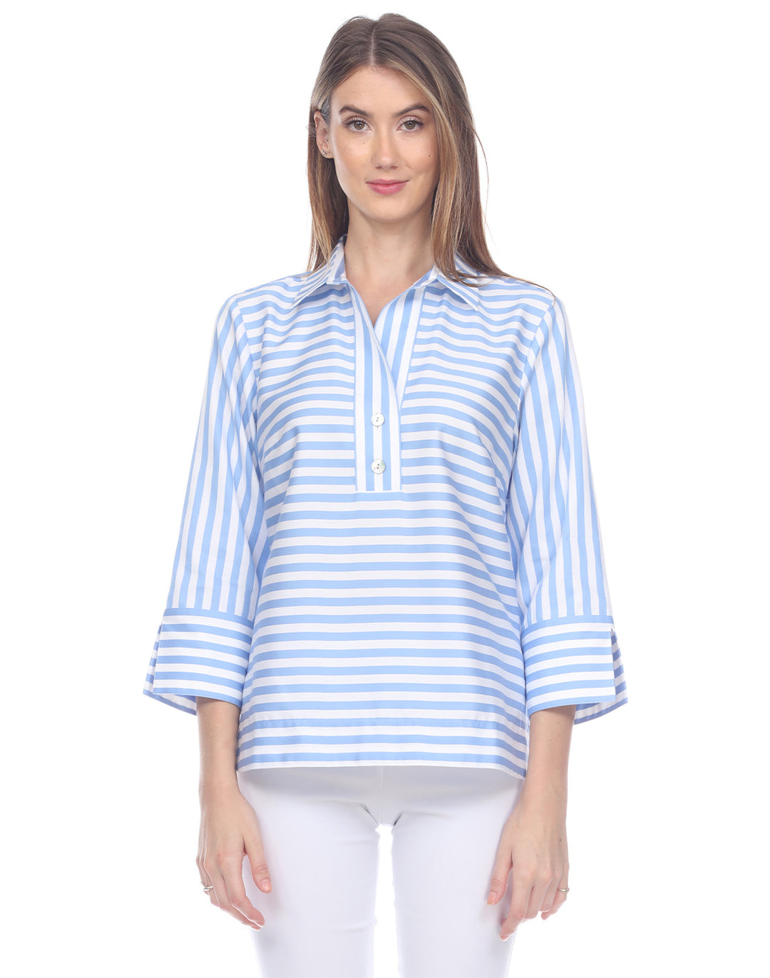 Aileen 3/4 Sleeve Stripe/Gingham White Combo Top