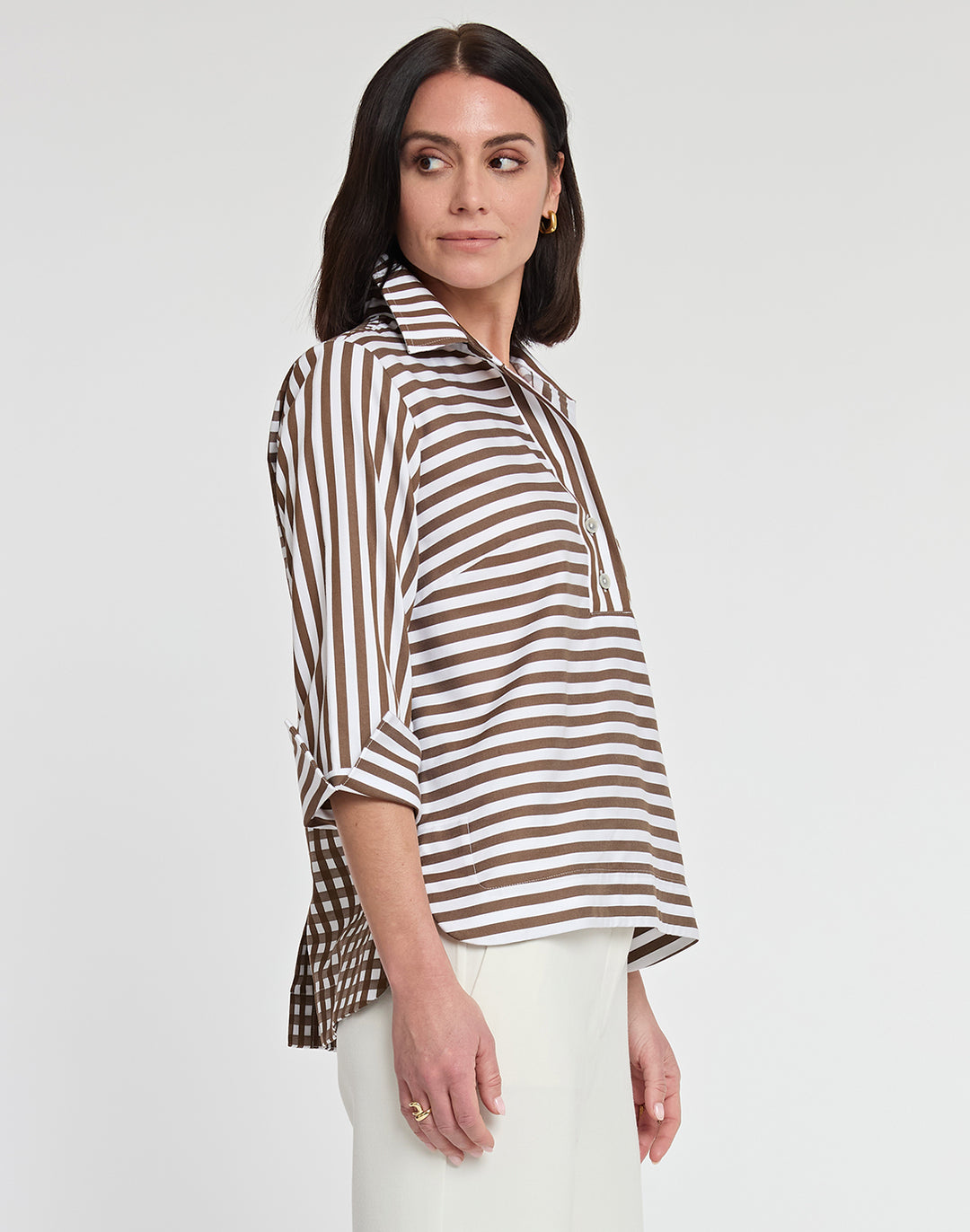 Aileen 3/4 Sleeve Stripe/Gingham White Combo Top