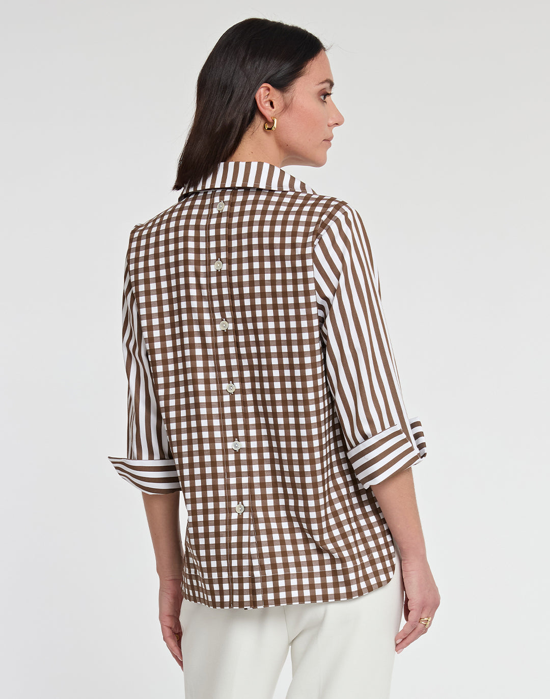 Aileen 3/4 Sleeve Stripe/Gingham White Combo Top