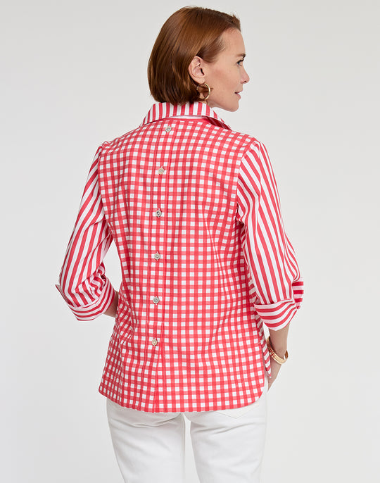 Aileen 3/4 Sleeve Stripe/Gingham White Combo Top