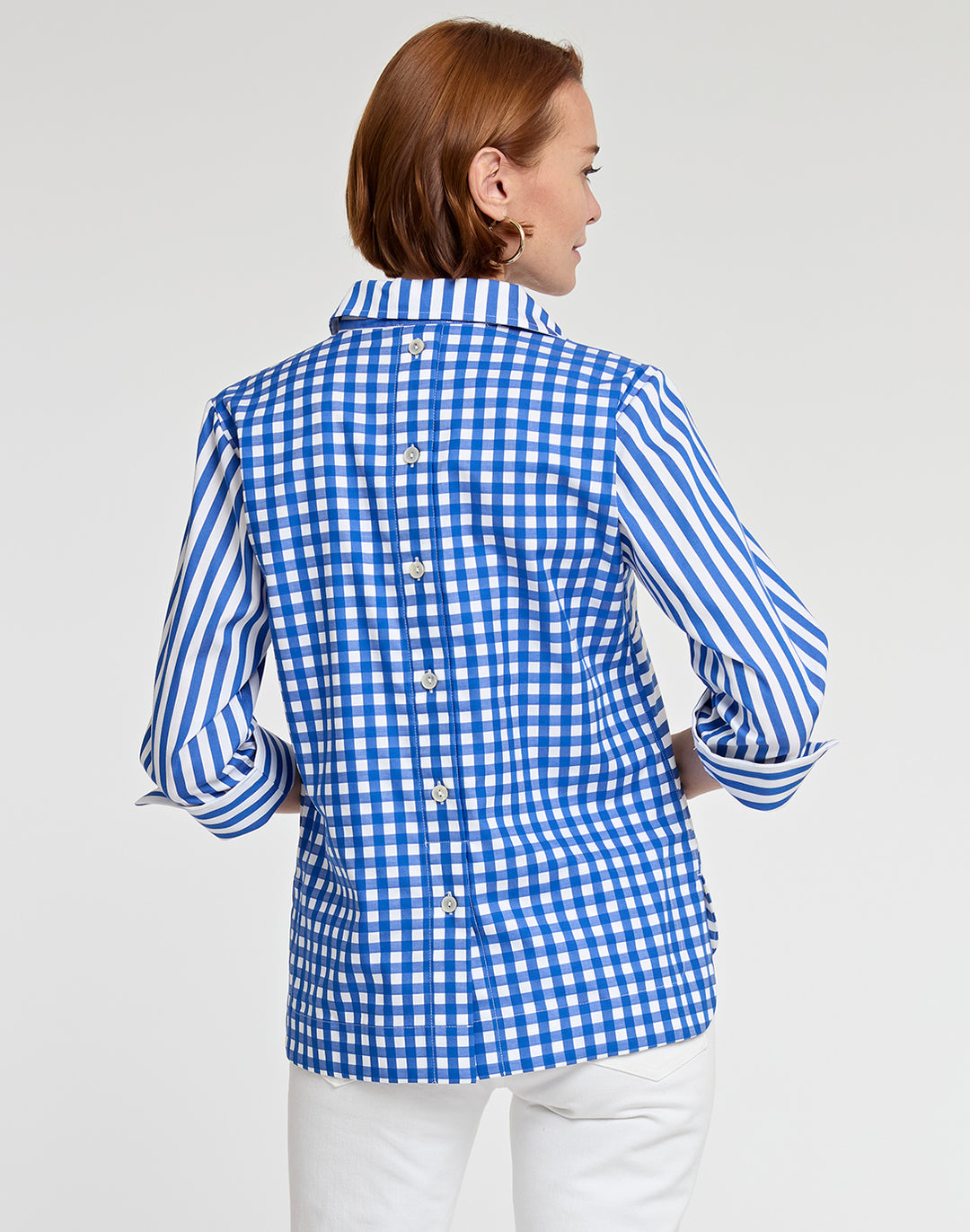 Aileen 3/4 Sleeve Stripe/Gingham White Combo Top