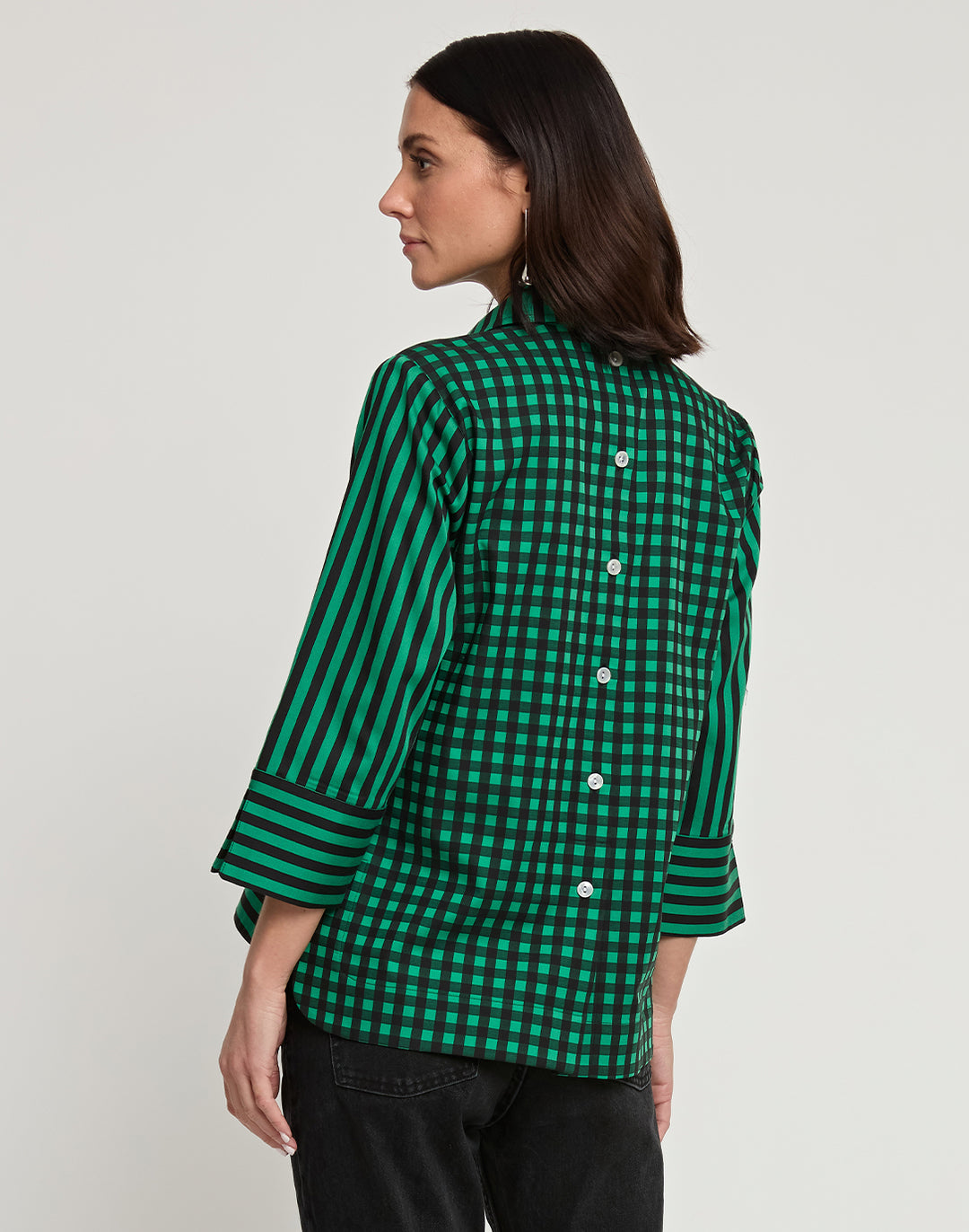 Aileen 3/4 Sleeve Stripe/Gingham Black Combo Top