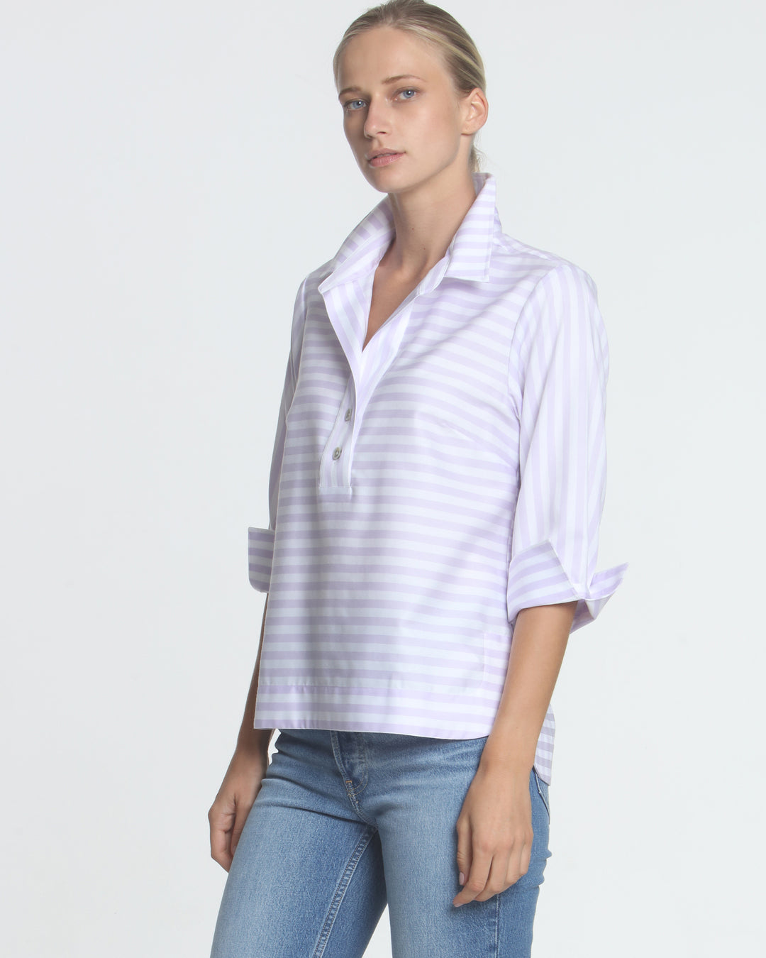 Aileen 3/4 Sleeve Stripe/Gingham White Combo Top