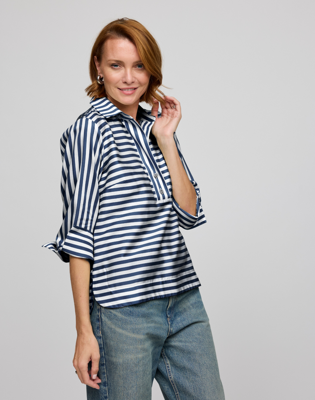 Aileen 3/4 Sleeve Stripe/Gingham White Combo Top