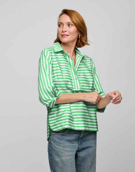 Aileen 3/4 Sleeve Stripe/Gingham White Combo Top