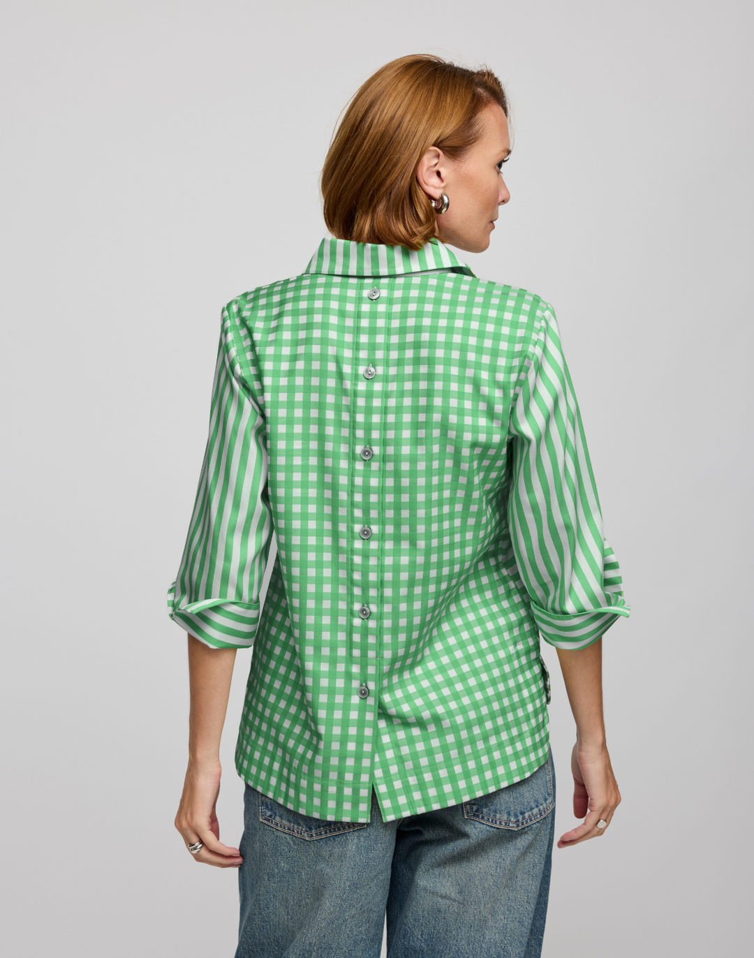 Aileen 3/4 Sleeve Stripe/Gingham White Combo Top