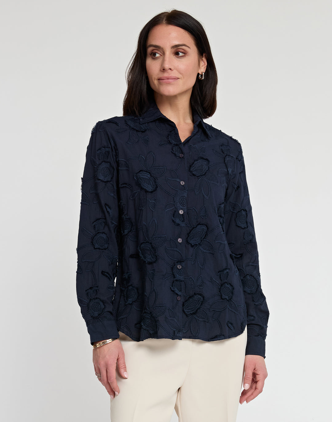 Margot Long Sleeve Floral Applique Shirt