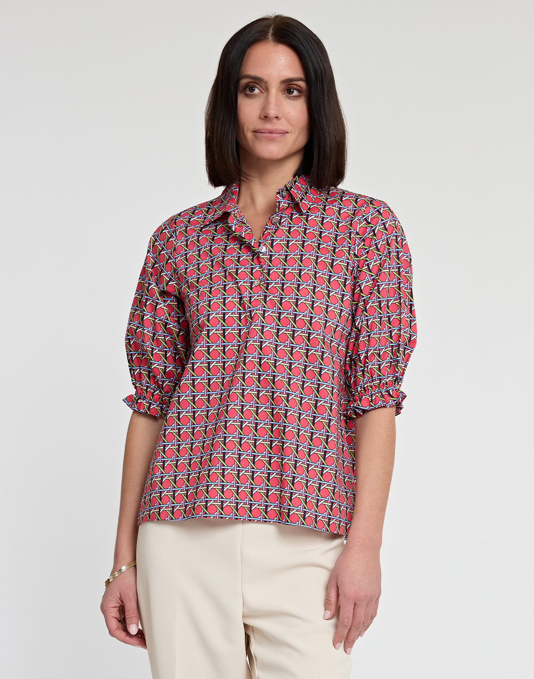 Monique Elbow Sleeve Lattice Print Top