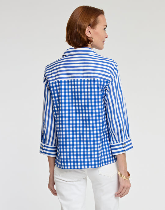 Alexis 3/4 Sleeve Stripe/Gingham Combo Top