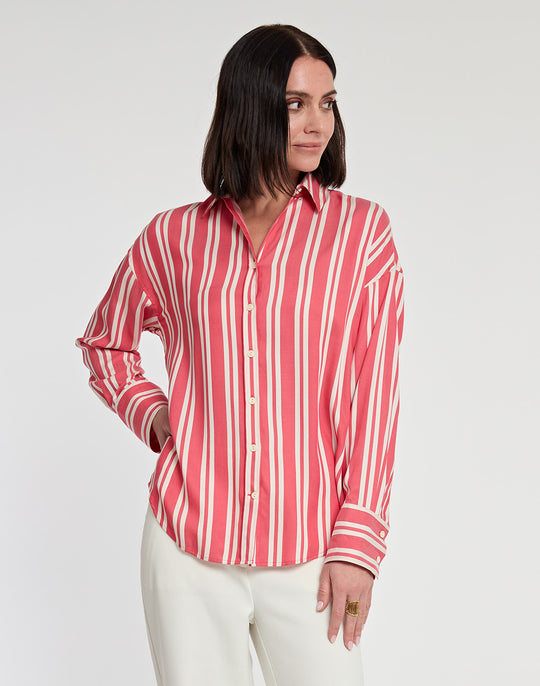 Larissa Long Sleeve Tencel Railroad Stripe Print Shirt