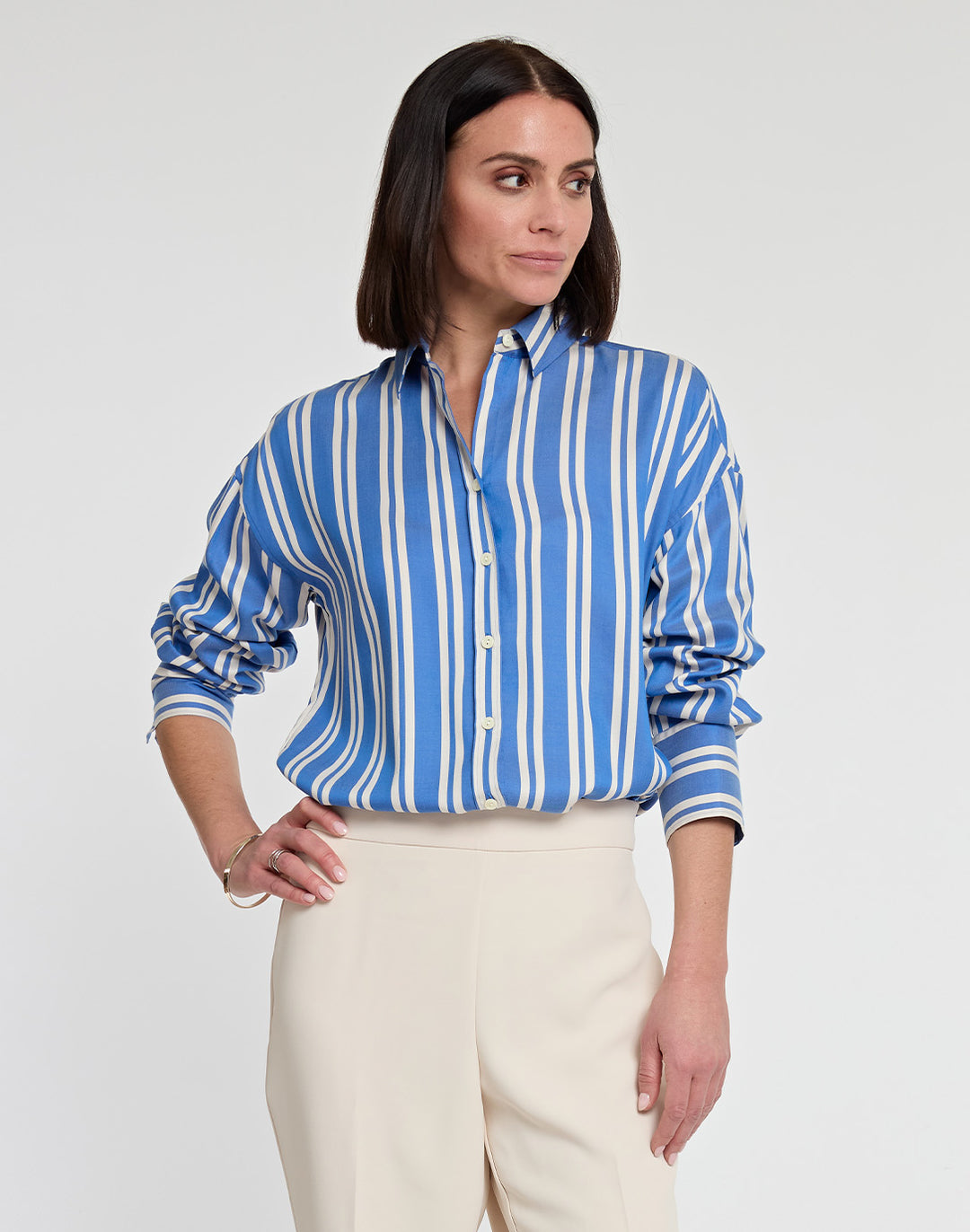 Larissa Long Sleeve Tencel Railroad Stripe Print Shirt