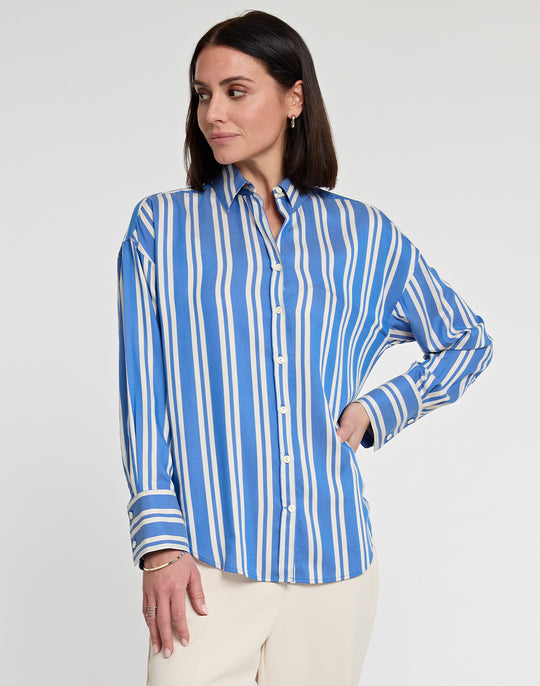 Larissa Long Sleeve Tencel Railroad Stripe Print Shirt