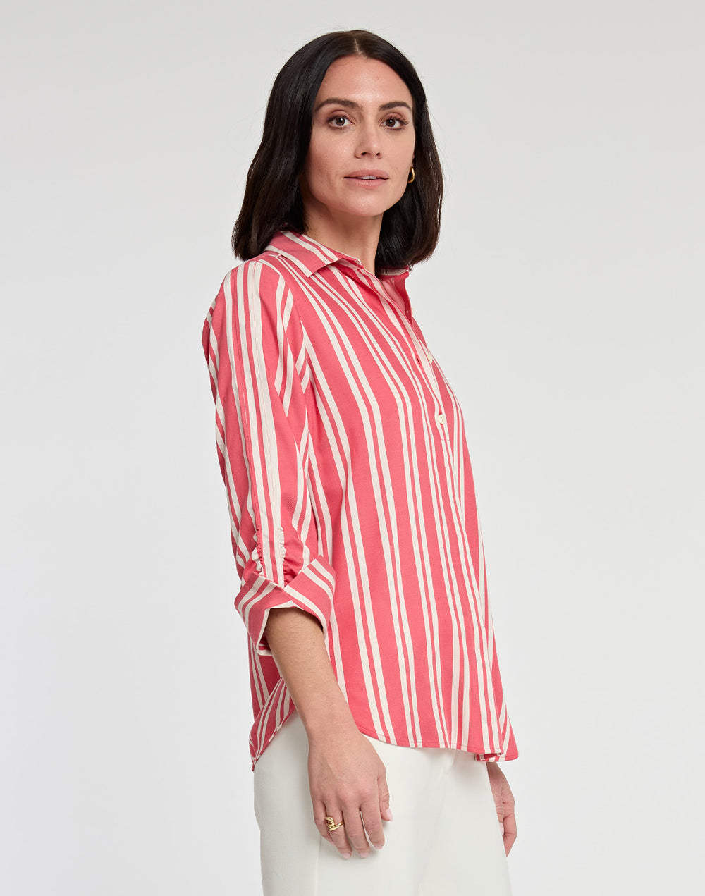 Zoey 3/4 Sleeve Tencel Railroad Stripe Print Shirt