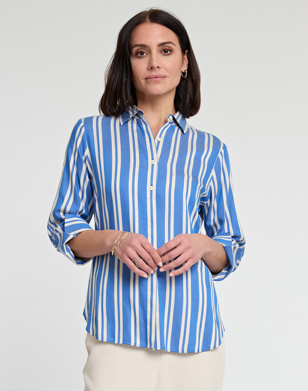 Zoey 3/4 Sleeve Tencel Railroad Stripe Print Shirt