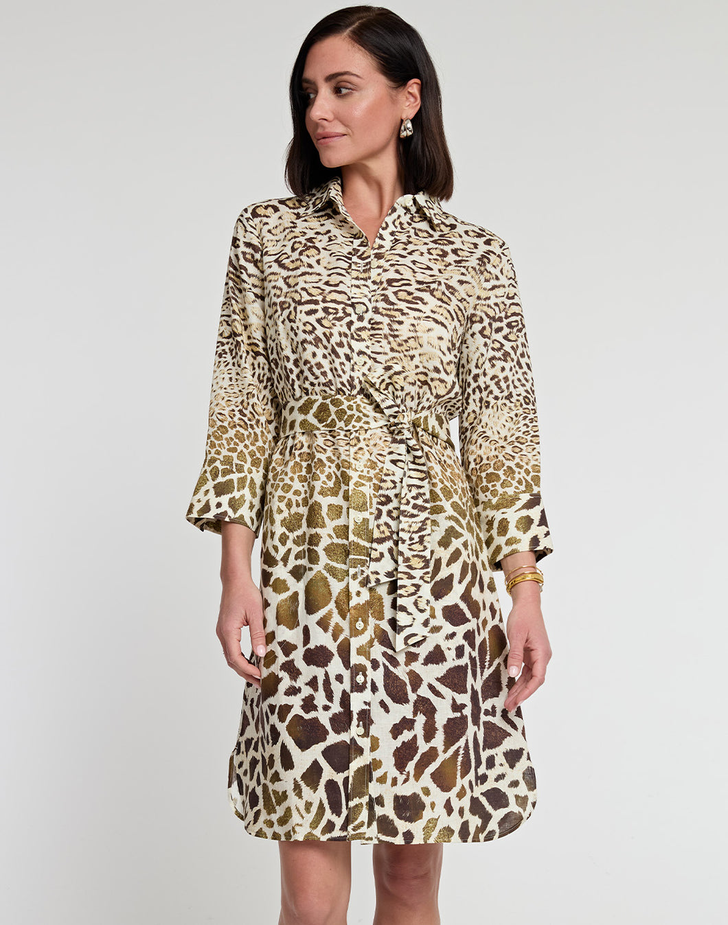 Kathleen 3/4 Sleeve Luxe Linen Engineered Animal Print Dress