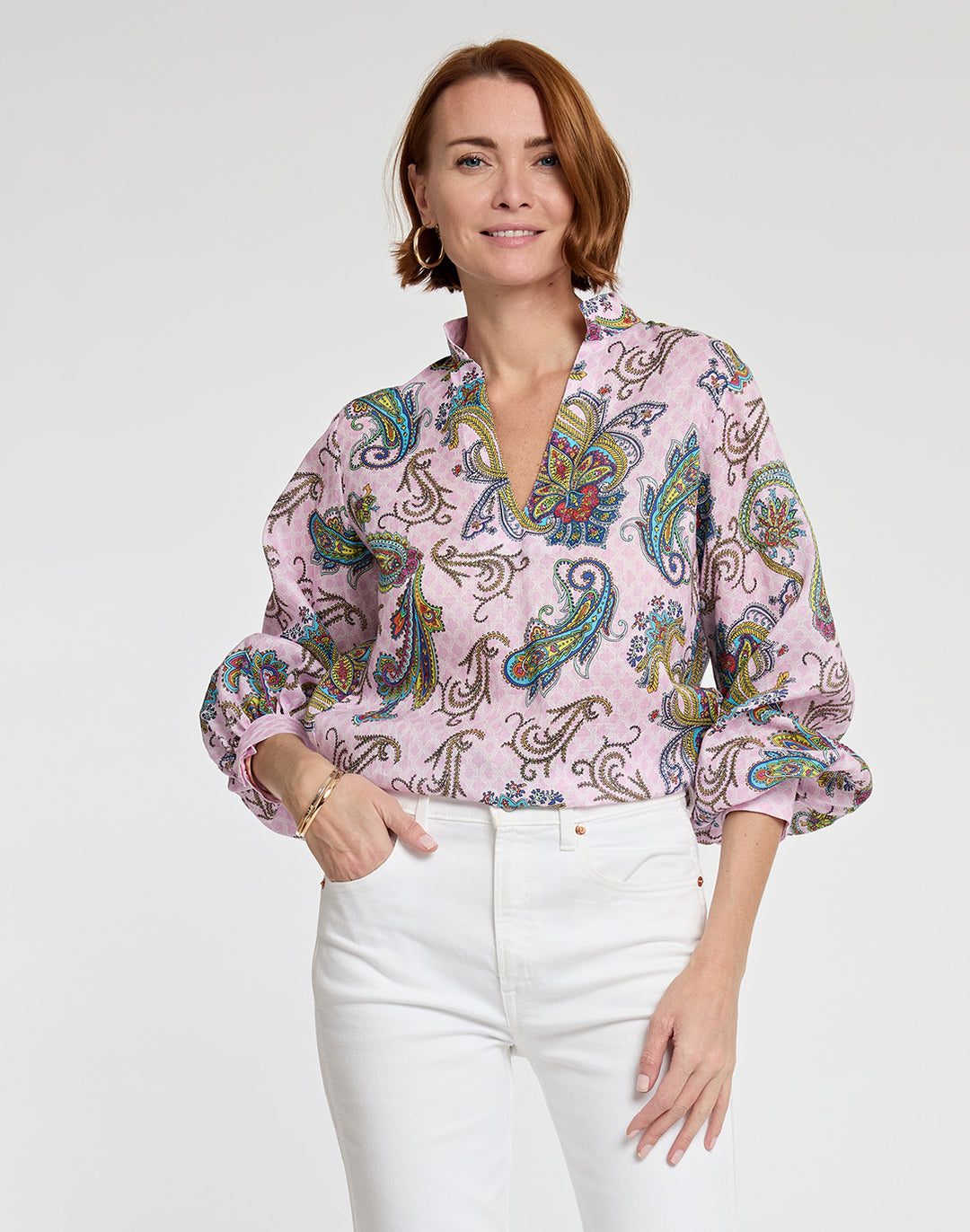 Billie Long Sleeve Luxe Linen Foulard Paisley Print Top