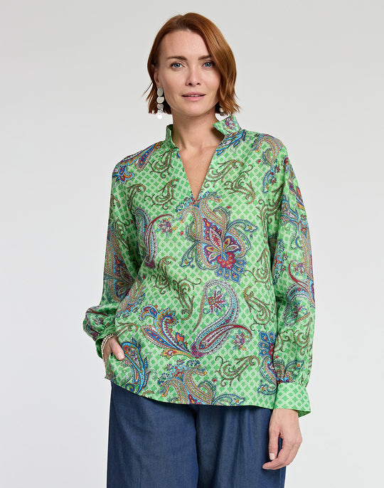 Billie Long Sleeve Luxe Linen Foulard Paisley Print Top