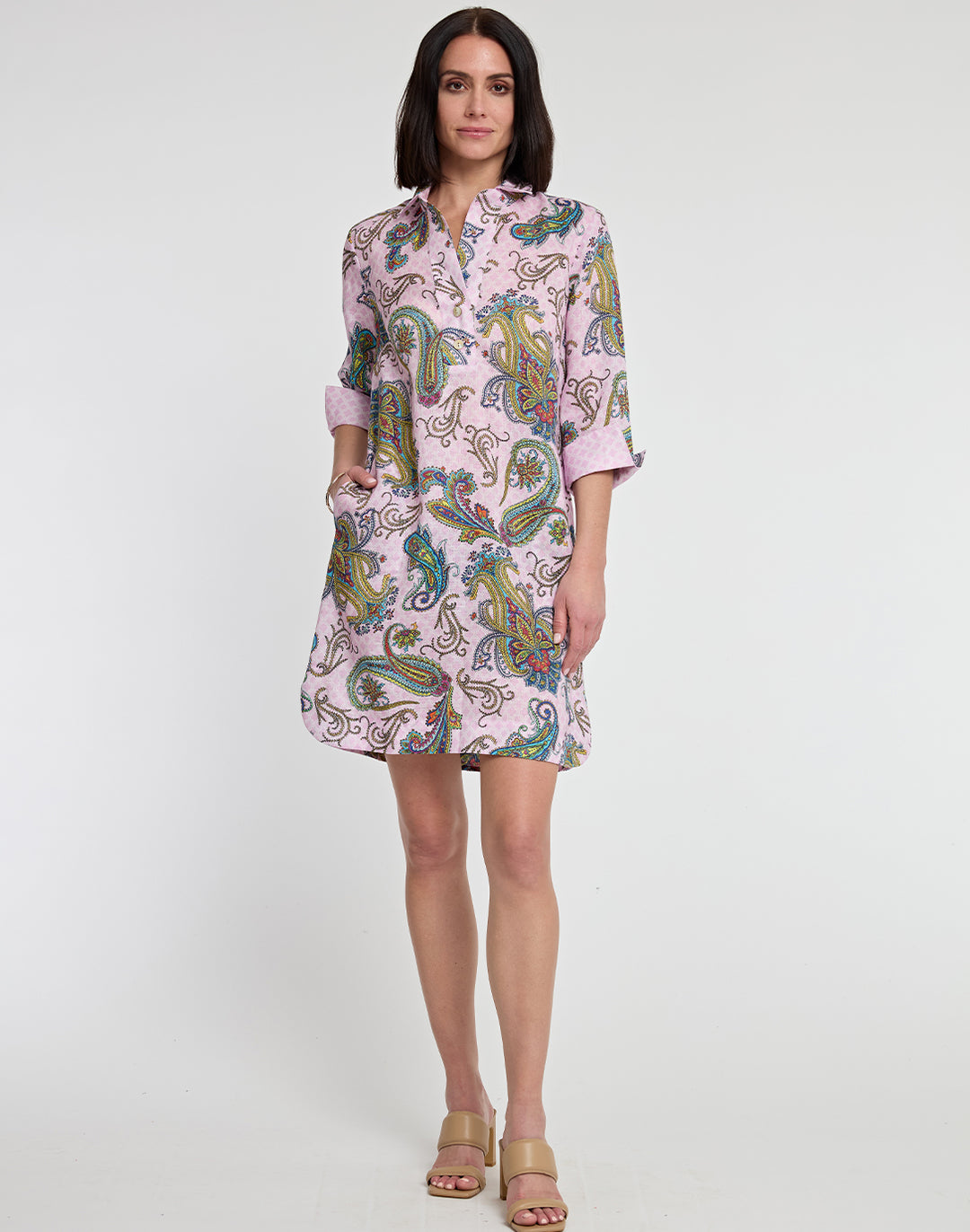 Aileen 3/4 Sleeve Luxe Linen Foulard Paisley Print Dress