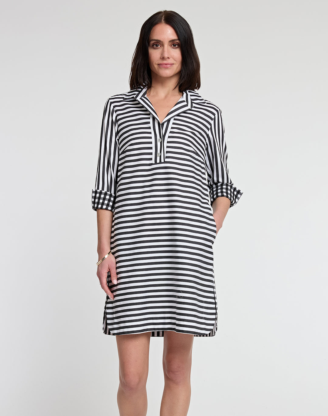 Aileen 3/4 Sleeve Stripe/Gingham Combo Dress