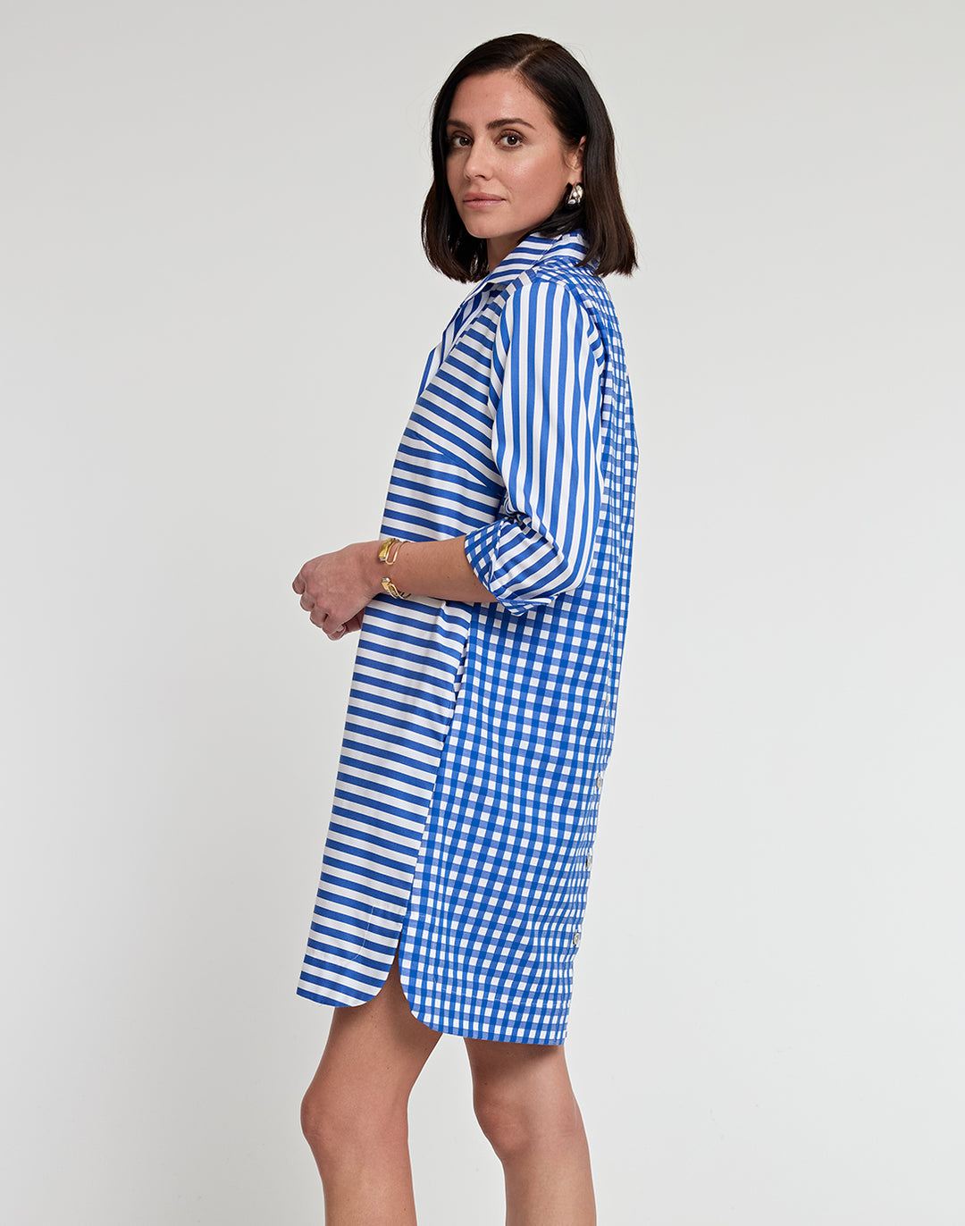 Aileen 3/4 Sleeve Stripe/Gingham Combo Dress