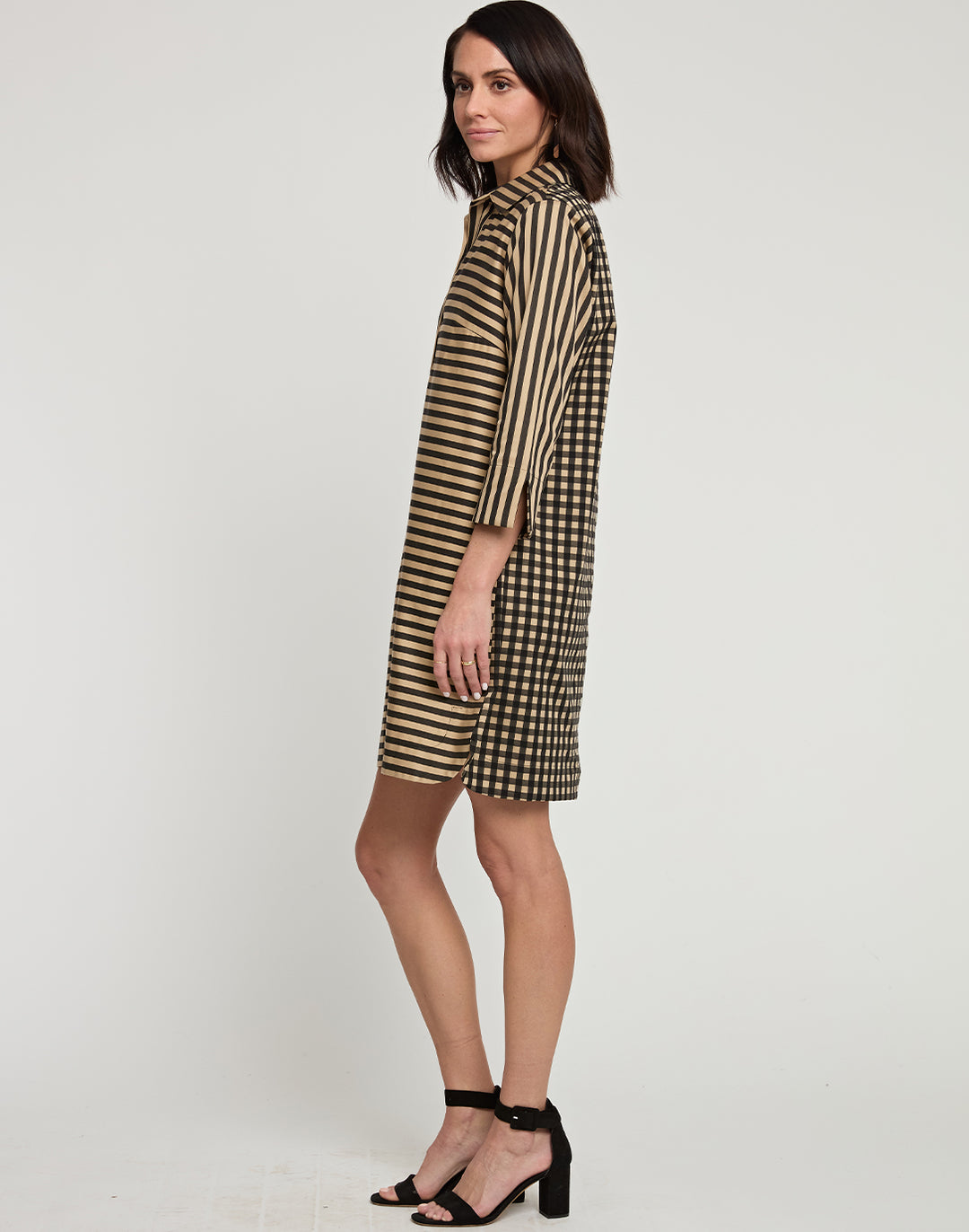 Aileen 3/4 Sleeve Stripe/Gingham Combo Dress