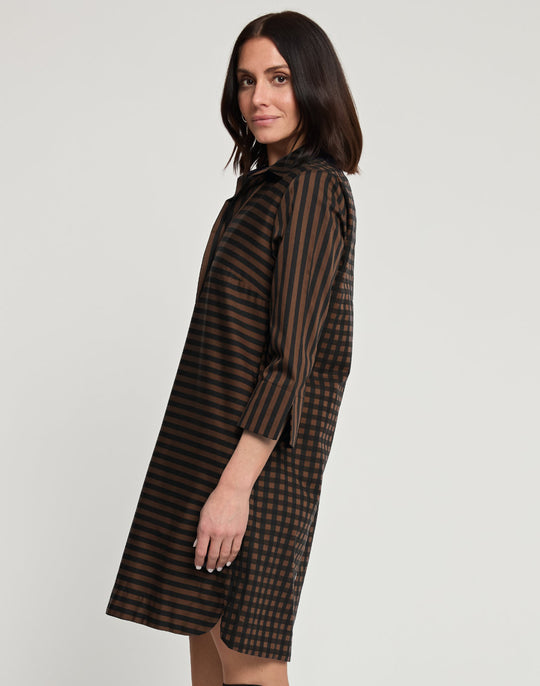 Aileen 3/4 Sleeve Stripe/Gingham Combo Dress