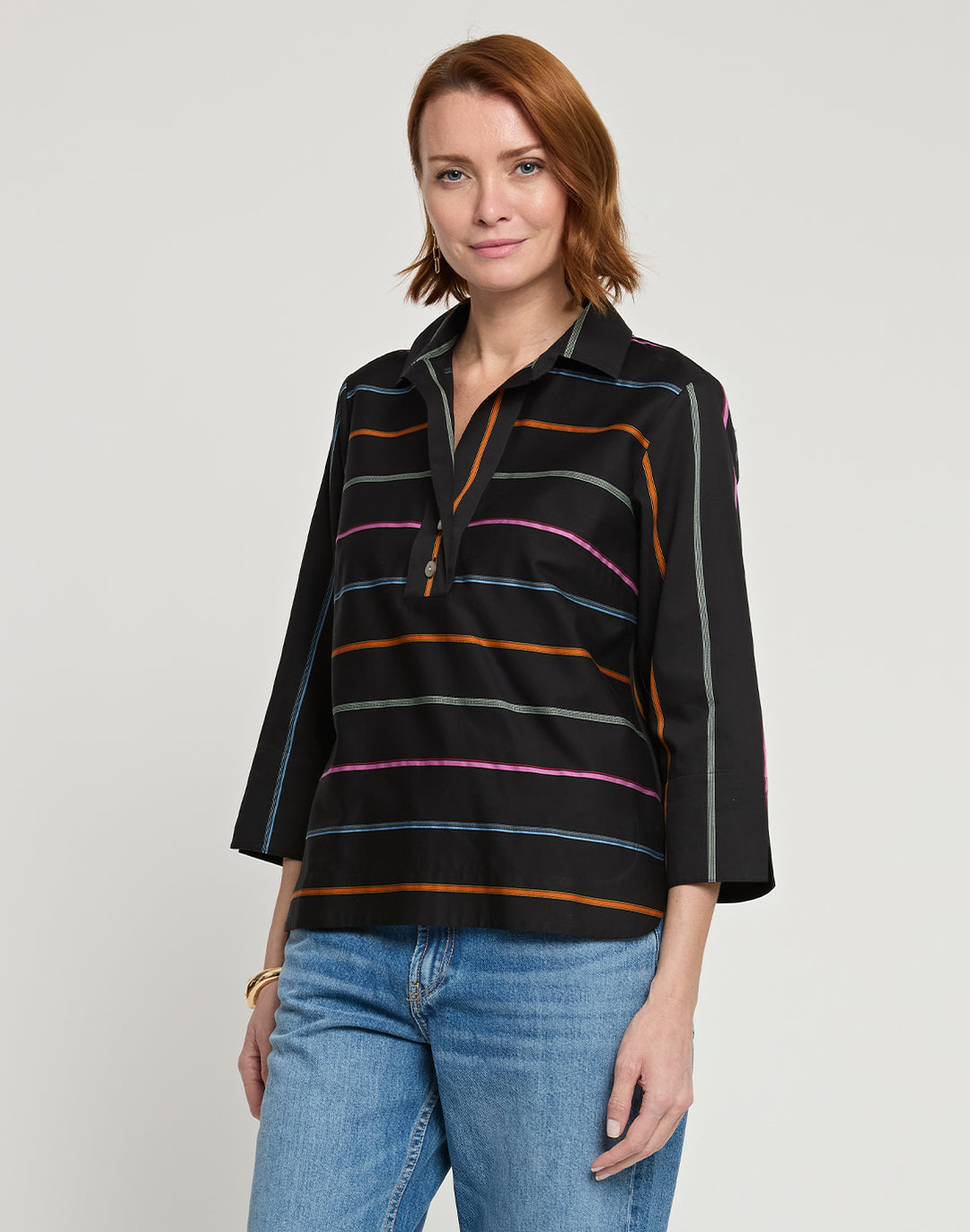 Aileen 3/4 Sleeve Multicolor Satin Stripe Top