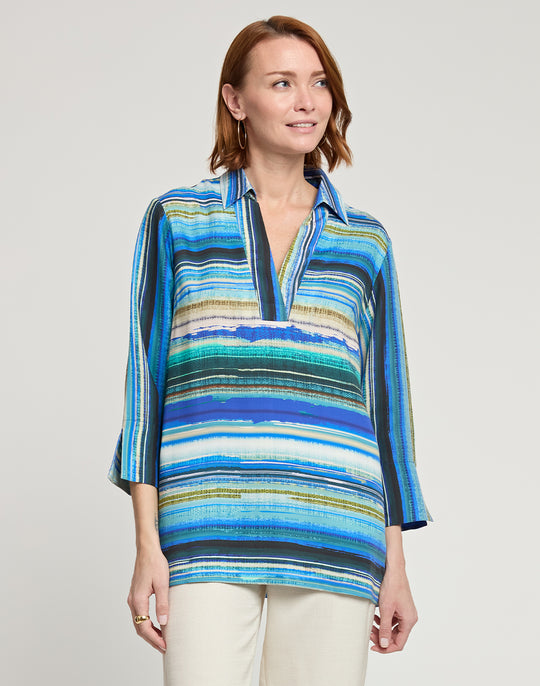 Vicky 3/4 Sleeve Tencel Textured Stripe Print Top