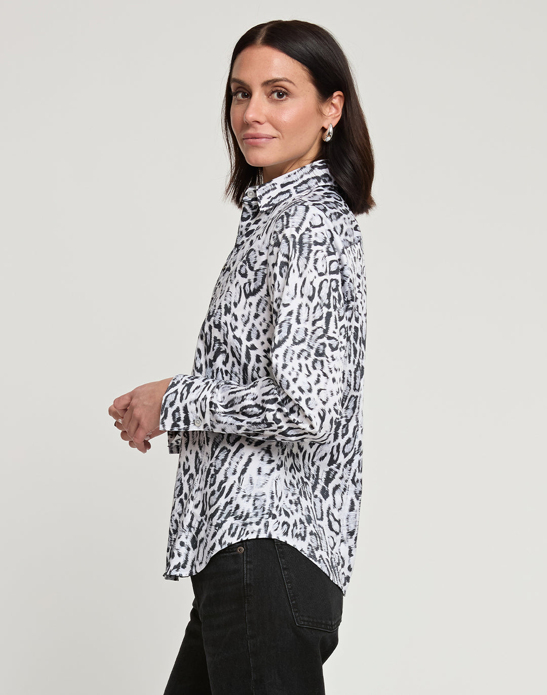 Diane Long Sleeve Snow Leopard Sateen Print Shirt