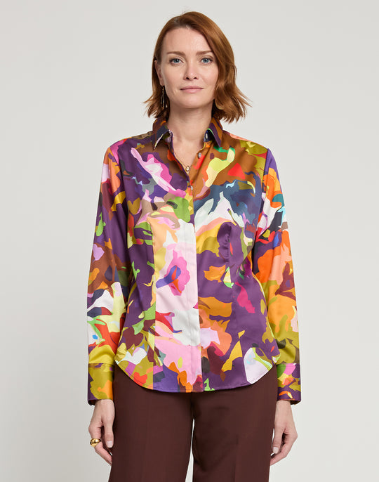 Diane Long Sleeve Satin Mosaic Flower Print Shirt